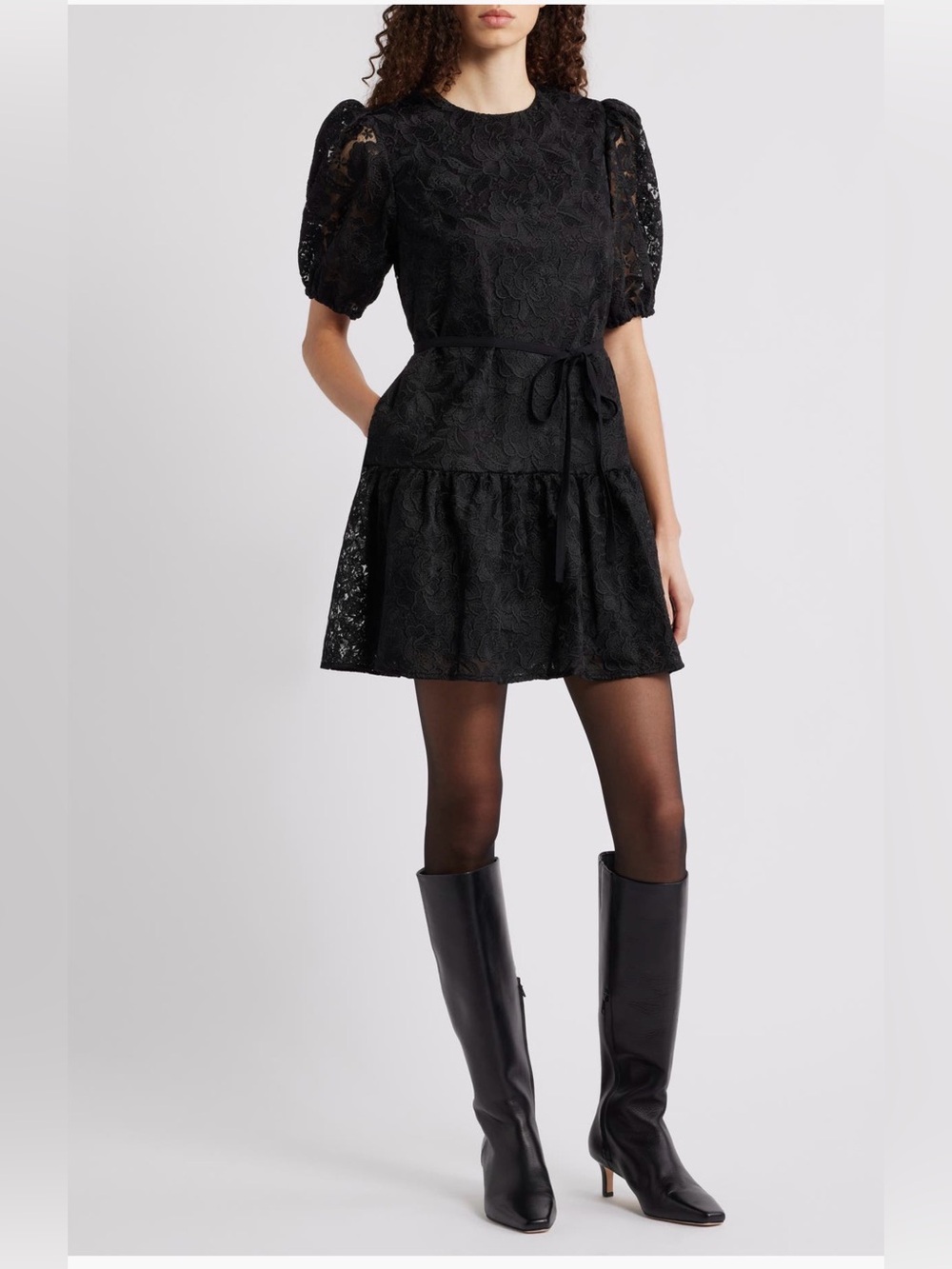 NWOT Caslon Black Lace Puff-Sleeve Tie-Waist Mini Dress